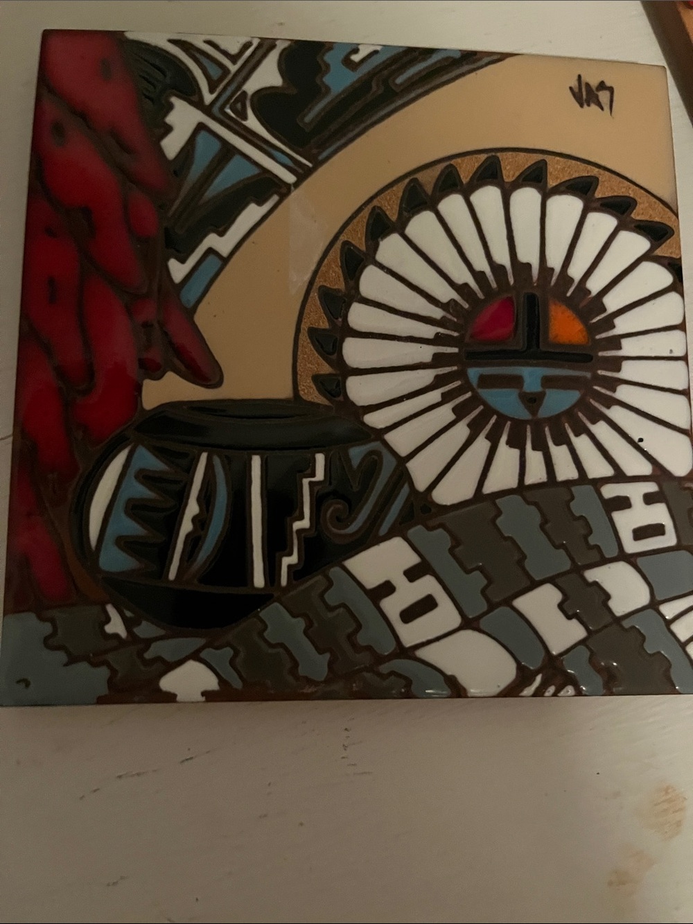 Southwestern Ceramic Tile Art Panel in Red, Blue, White and Tan